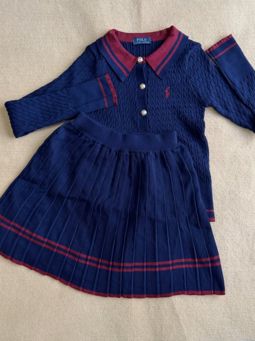 Polo Ralph Lauren Women Cable Knit 2 Piece Set Navy Striped Polo Cardigan - Picture 2 of 11